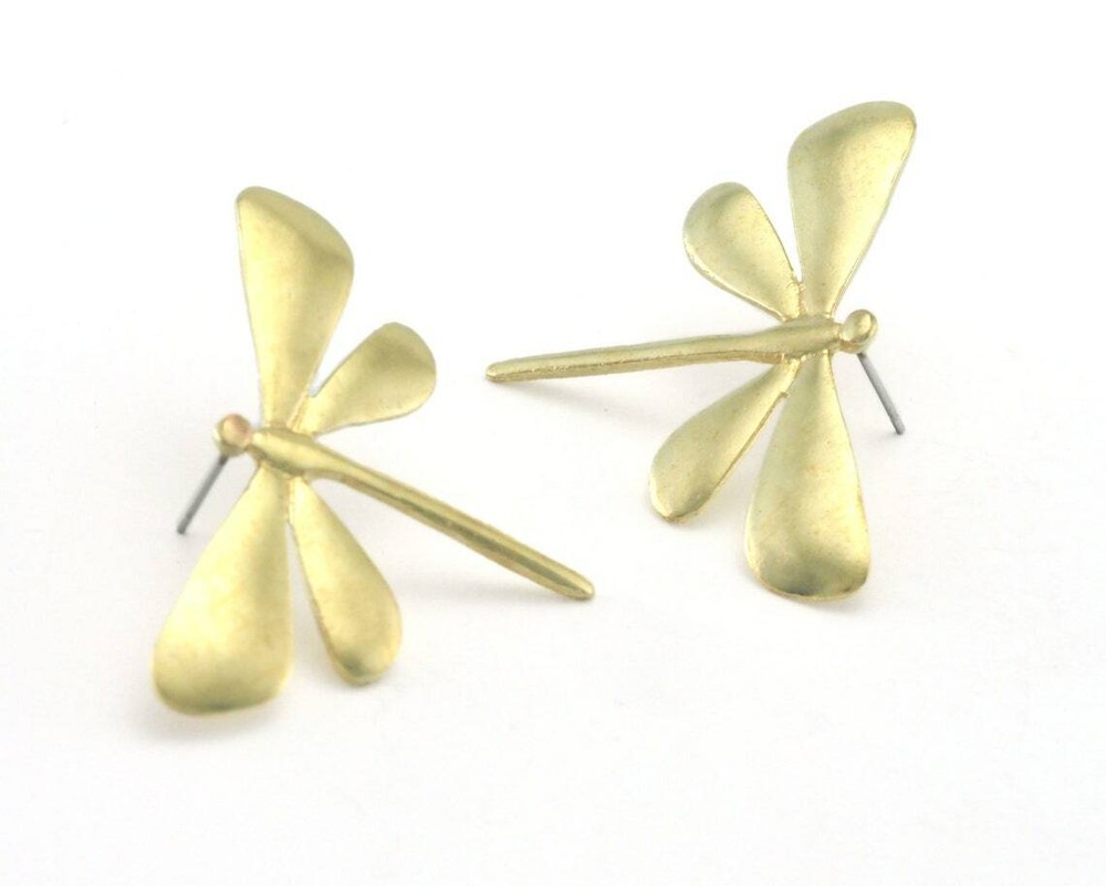 1 pair Dragonfly earring post stud wire base Raw brass 43x30mm 4369