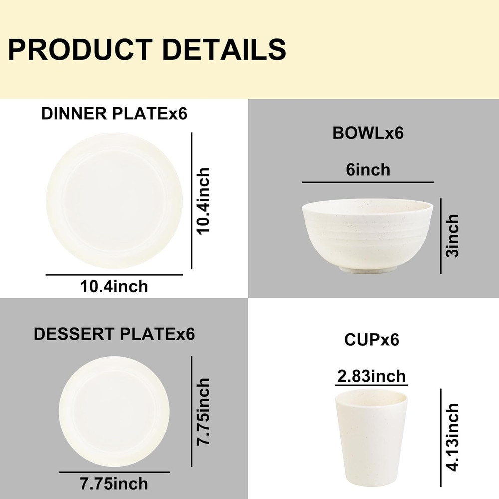 24 Pcs Wheat Straw Dinnerware Sets, Unbreakable Reusable Plastic Wheat Straw Bow