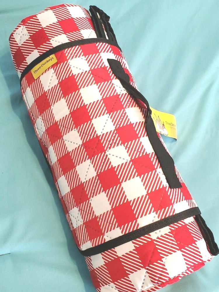 Three Donkeys 79 x 79" Picnic Blanket, Red & White Checker Pattern