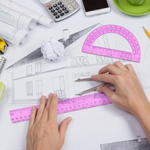 2 Pack 12 Inch Plastic Ruler and 6 Inch Plastic Protractor Set Clear Math Pink
