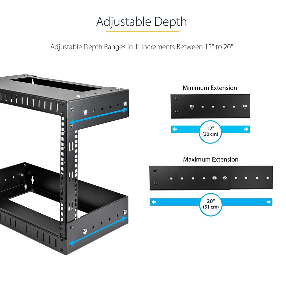StarTech 8U Open Frame Wall Mount Equipment Rack - Adjustable Depth