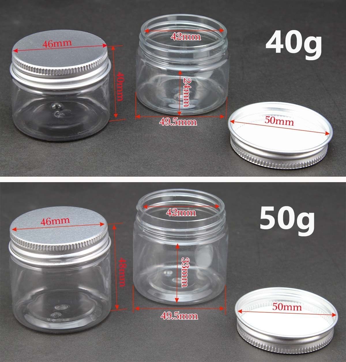 Empty PET Jars Aluminum Lids Clear Silver Plastic Cosmetic Cream 25/30/40/50ml
