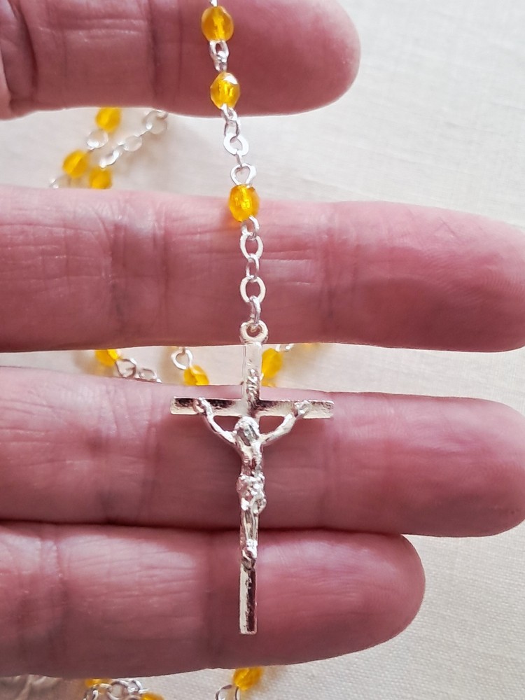 Mini Yellow Opal Czech Glass Rosary in Silver