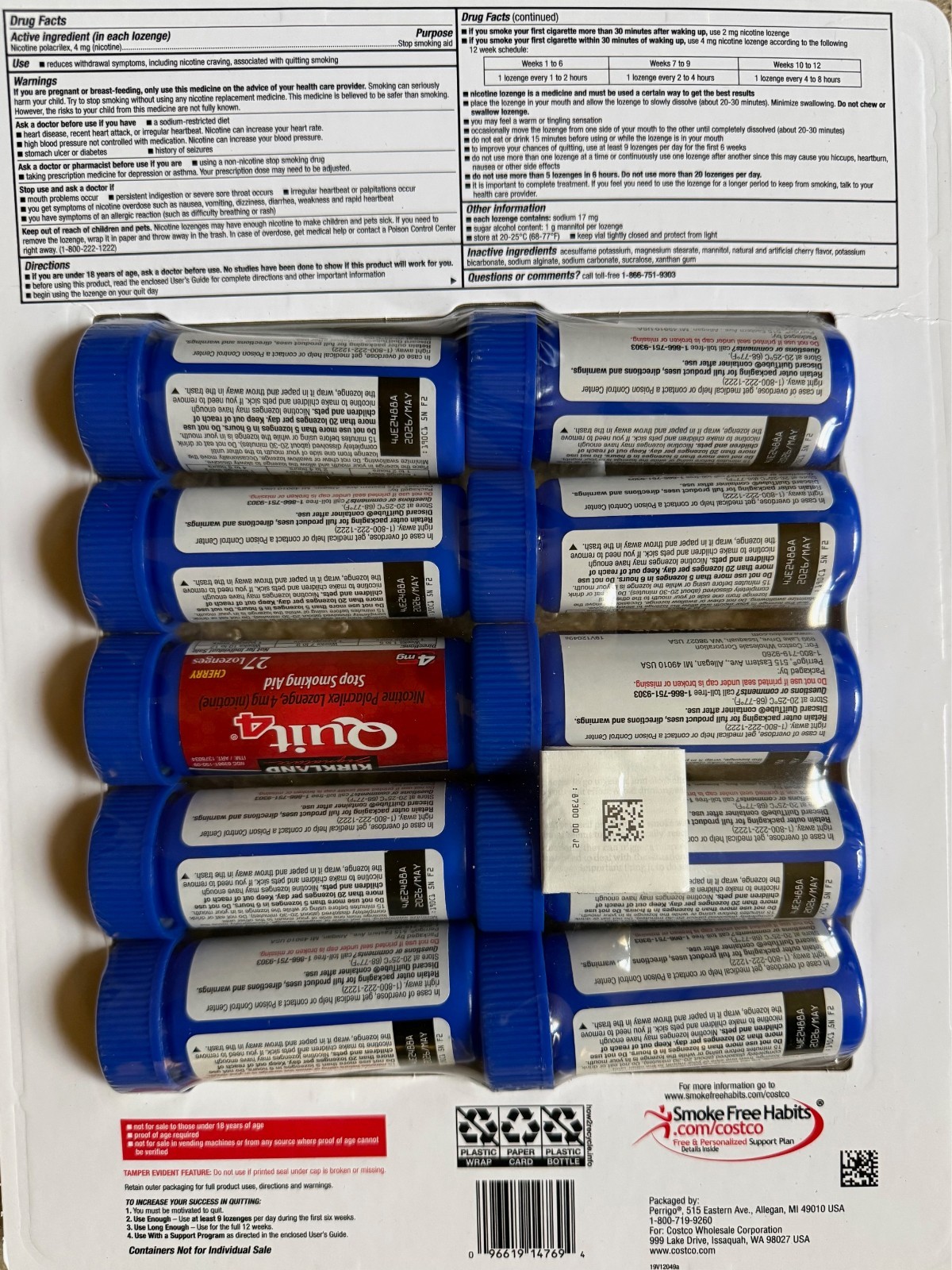 Kirkland Signature Quit 4mg, Cherry Lozenges, 270 Pieces-Exp 05/2026