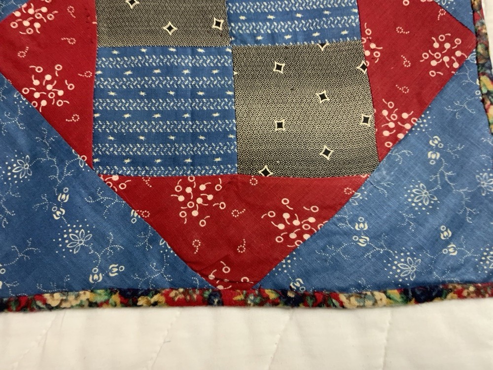 Antique Patchwork Quilt Table Topper, Four Patch W/ Triangles, Early Calicos