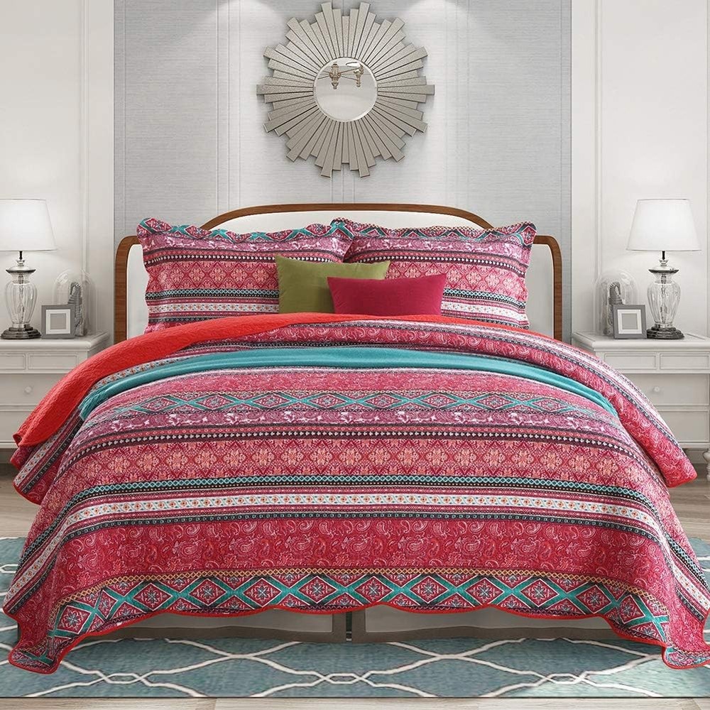 Cotton Bedspread Quilt Sets-Reversible Patchwork Coverlet Set Boho Chic