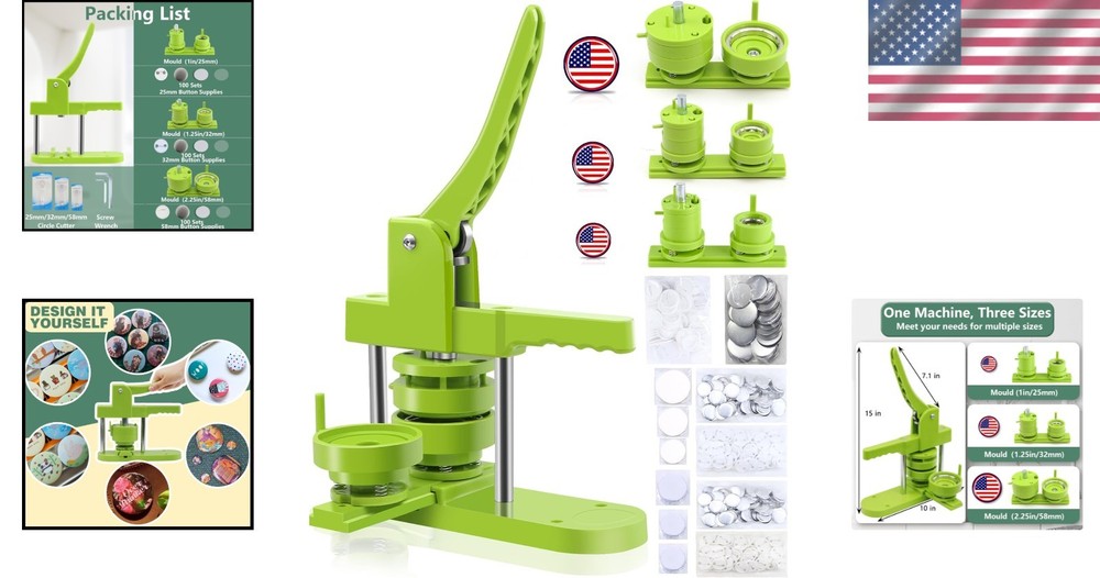 Professional Button Maker Machine Green, 3 Interchangeable Badge Sizes