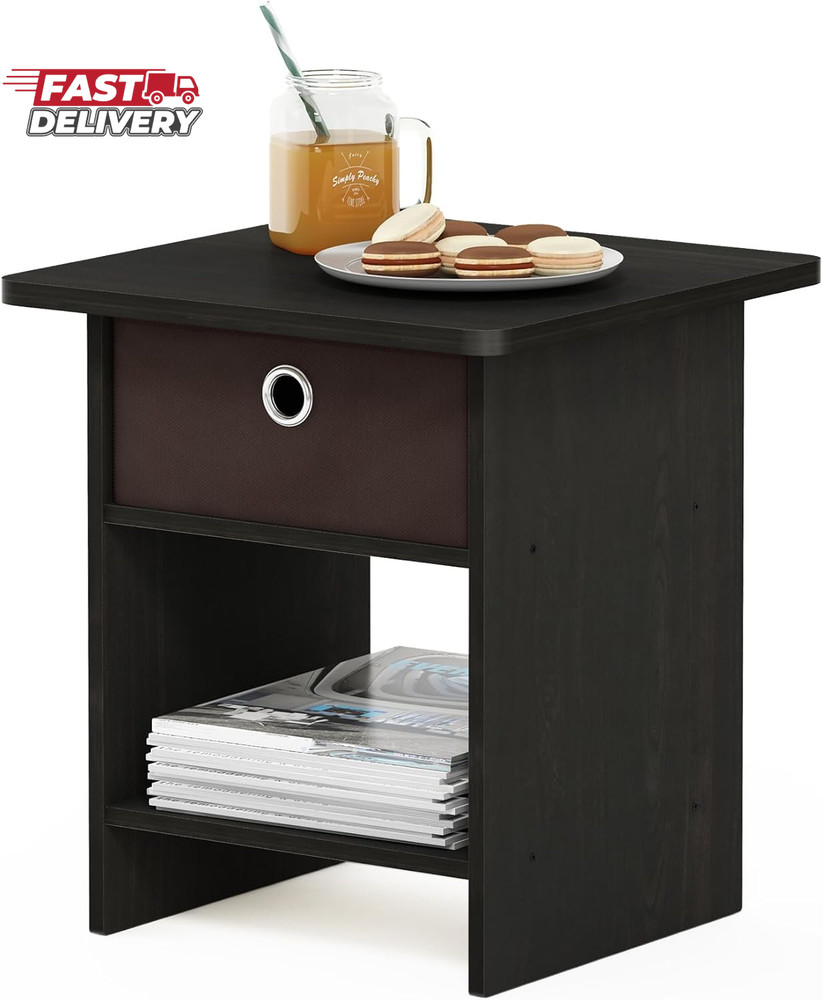 Furinno DARIO Side Table, Square End Table with Storage Bin, round Corner Night
