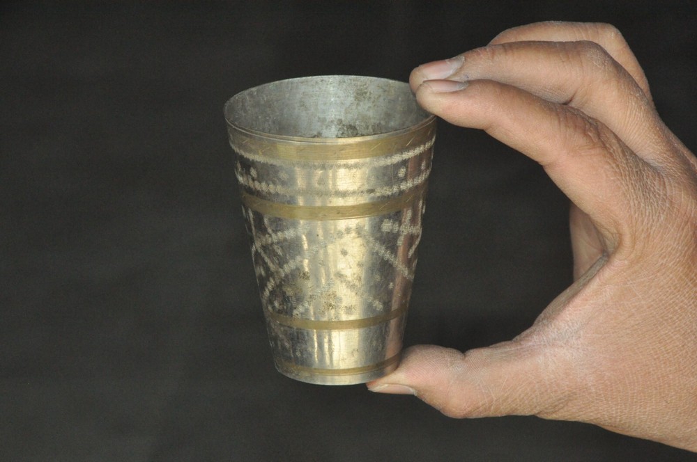 4 Pc Vintage Brass Engraved Handcrafted Solid Lassi / Milk Glass