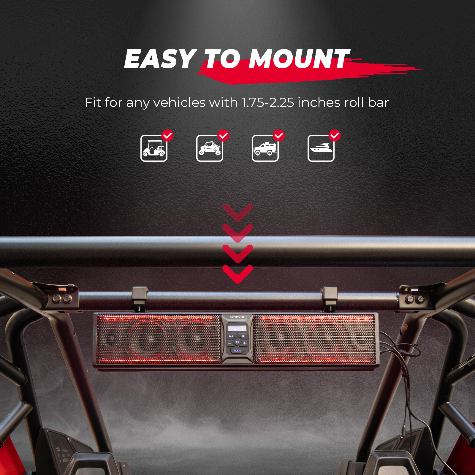 KEMIMOTO 26'' RGB UTV Sound Bar Bluetooth Speaker System for Polaris RZR Can Am