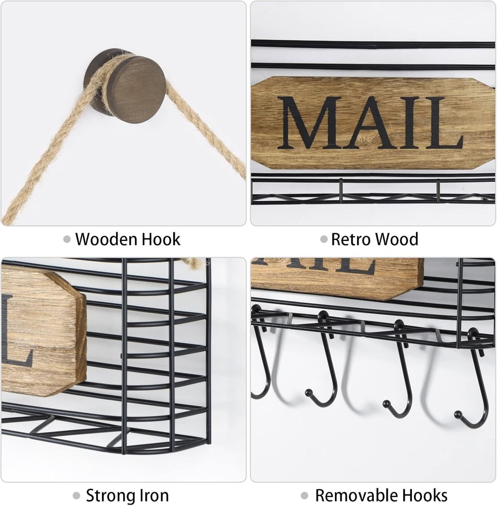 Compact Rustic Key Holder and Mail Organizer - Wall Mounted for Easy Access