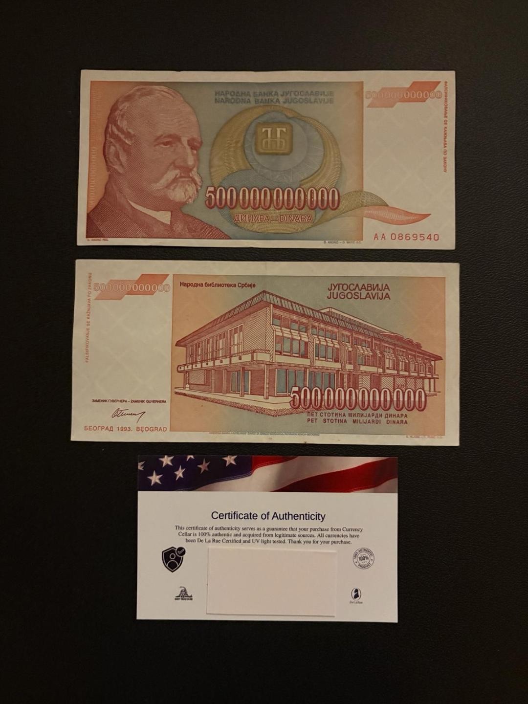 Yugoslavia 500 Billion Dinara 1993 Circulated Banknote Currency Hyperinflation!!