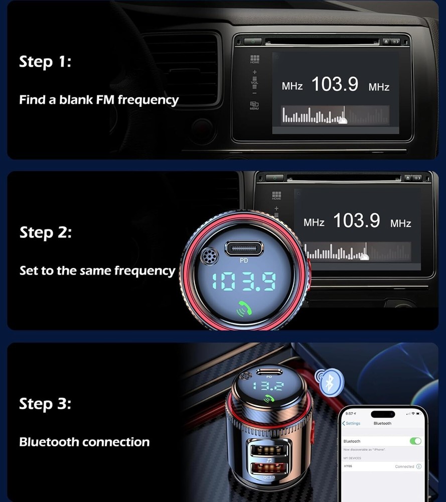 Car Bluetooth FM Transmitter PD 45W Car Charger Power Adapter Cigarette Lighter