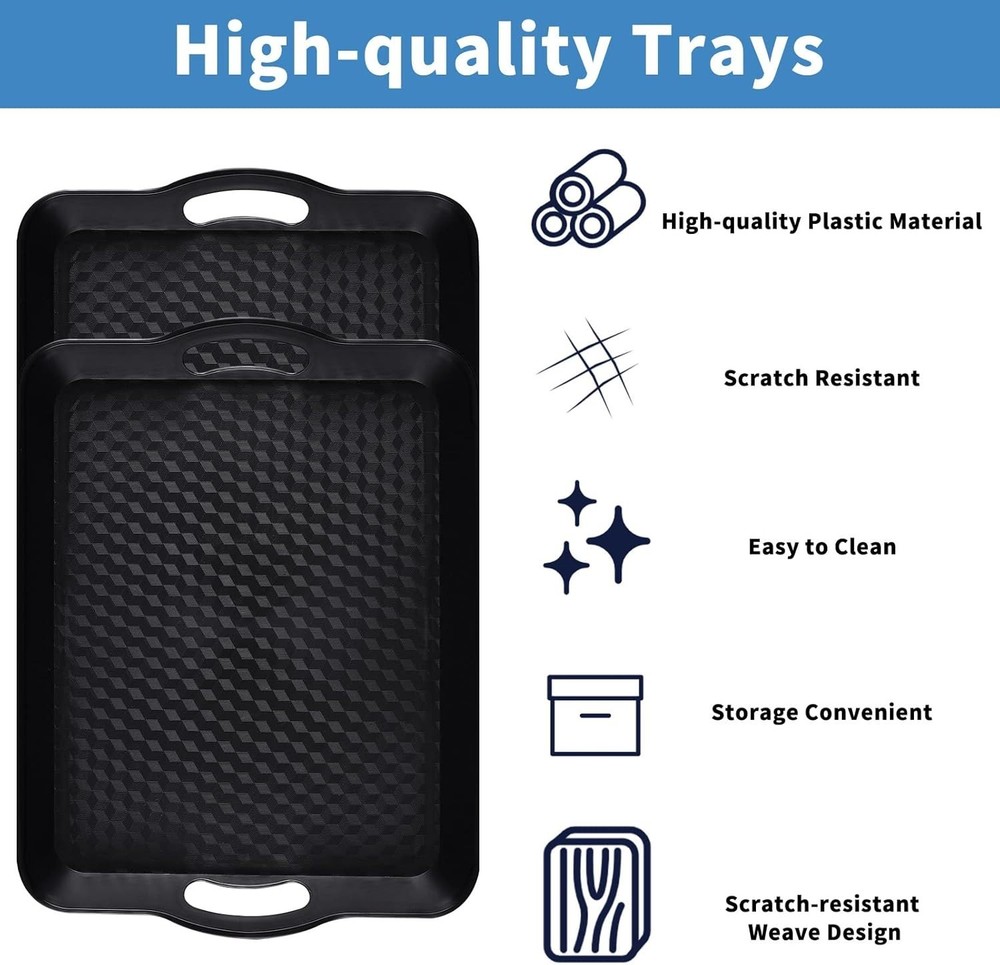 Plastic Tray with Handles, 2 Pack Multi-Purpose Rectangular Non Slip Restaura...