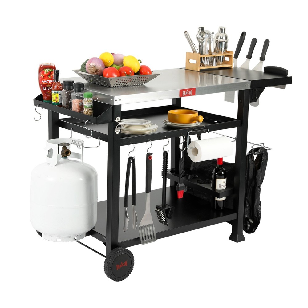 Feasto 3-Shelf Grill Table for Outside, Movable Prep Table Cooking Station