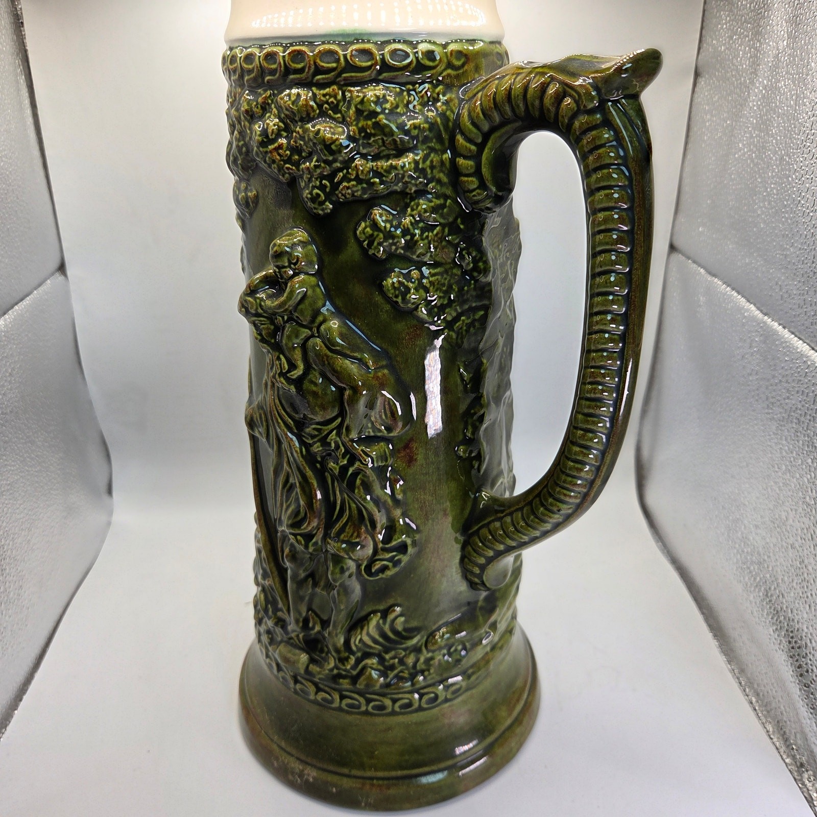 Large 17″ German Style Beer Stein Signed Sam Ceramic Relief with Lid