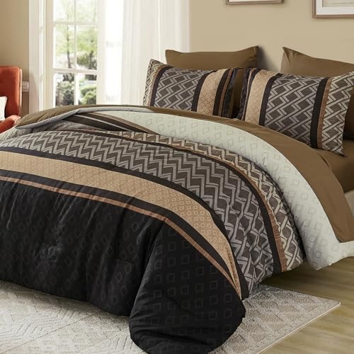 Comforter Set Size,Boho Striped Bed in a Bag,7 Piece Plaid Queen Brown