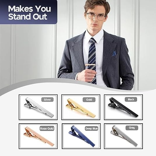 6 Pcs Tie Clips for Men, Classic Colors Non-Slip Tie Bar for Wedding & Business