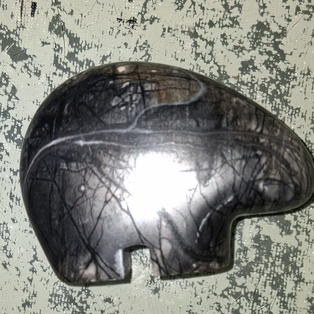 2" Stone Bear Carving Black White Dendritic Pattern Decorative