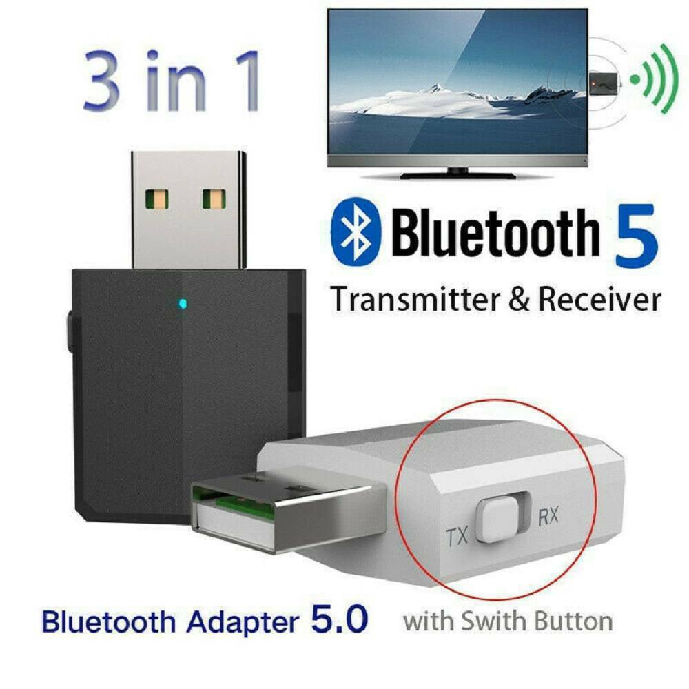 3 in 1 USB Bluetooth 5.0 Audio Transmitter/Receiver Adapter For TV/PC/Car Black