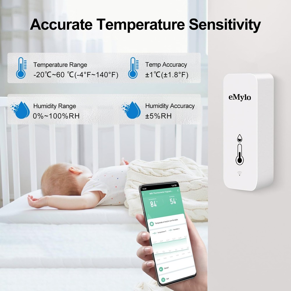 WiFi Temperature Humidity Sensor, Wireless Indoor Thermometer White