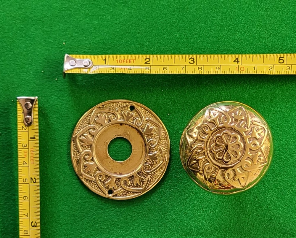 Pair round cast solid brass door knobs backplates pull handles ironmongery craft