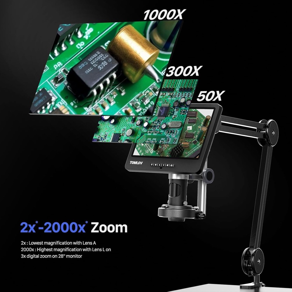 TOMLOV DM602 Flex 2000X Digital Microscope Adults Soldering Microscope 144-LED