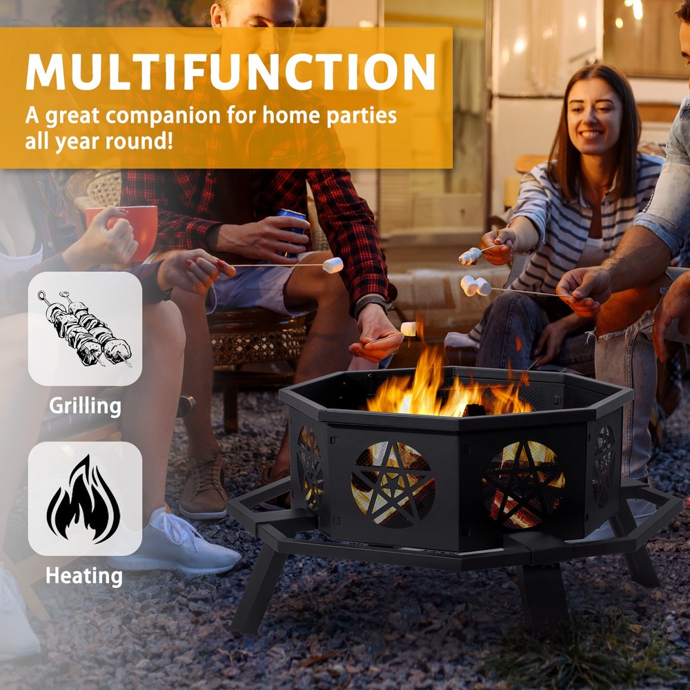 35"Octagonal Pit Outdoor Fire Pit Wood Burning Firepit Bonfire Fire Pit