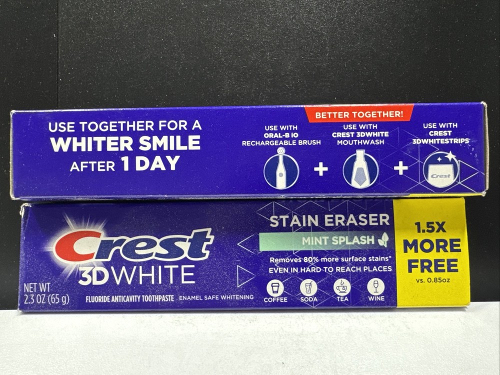 2 Pack - Crest 3D White Stain Eraser Mint Splash Fluoride Toothpaste 2.3oz