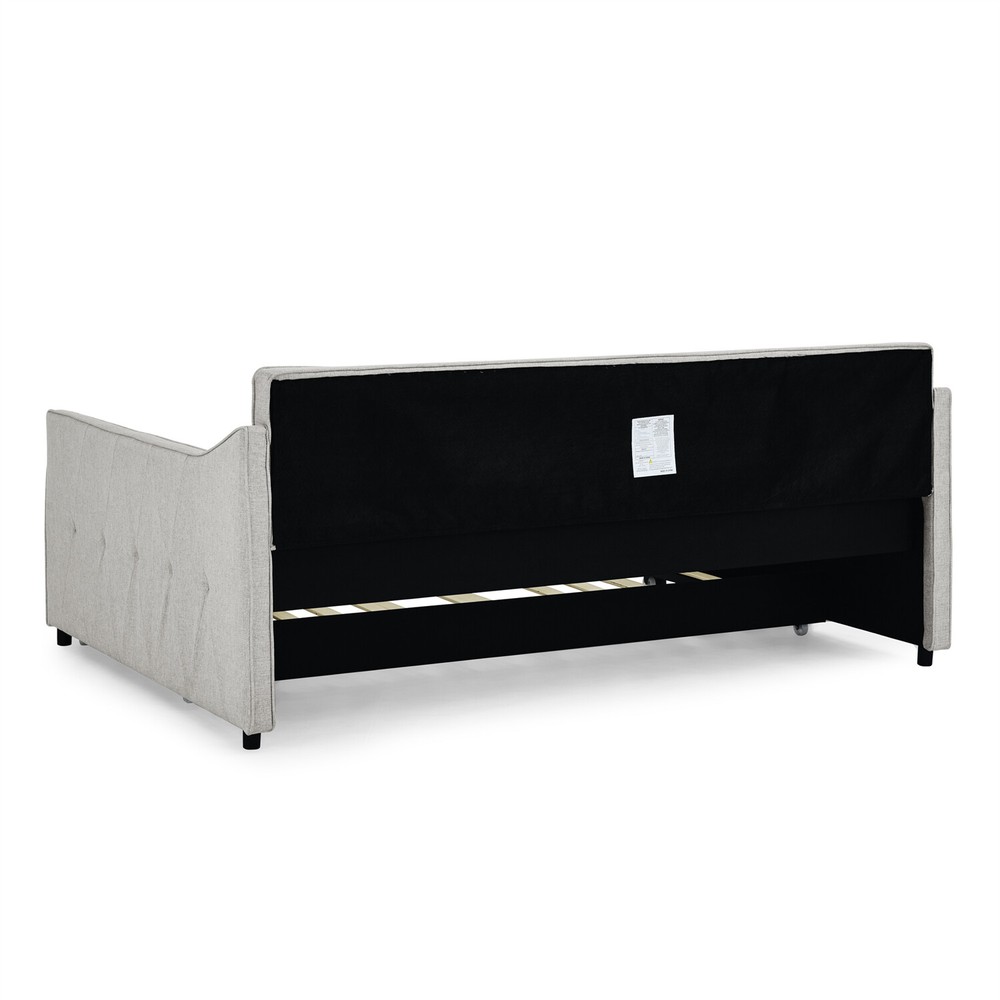 Full Size Daybed with Pull Out Trundle Bed Linen Upholstered Bed Frame Sofa Bed