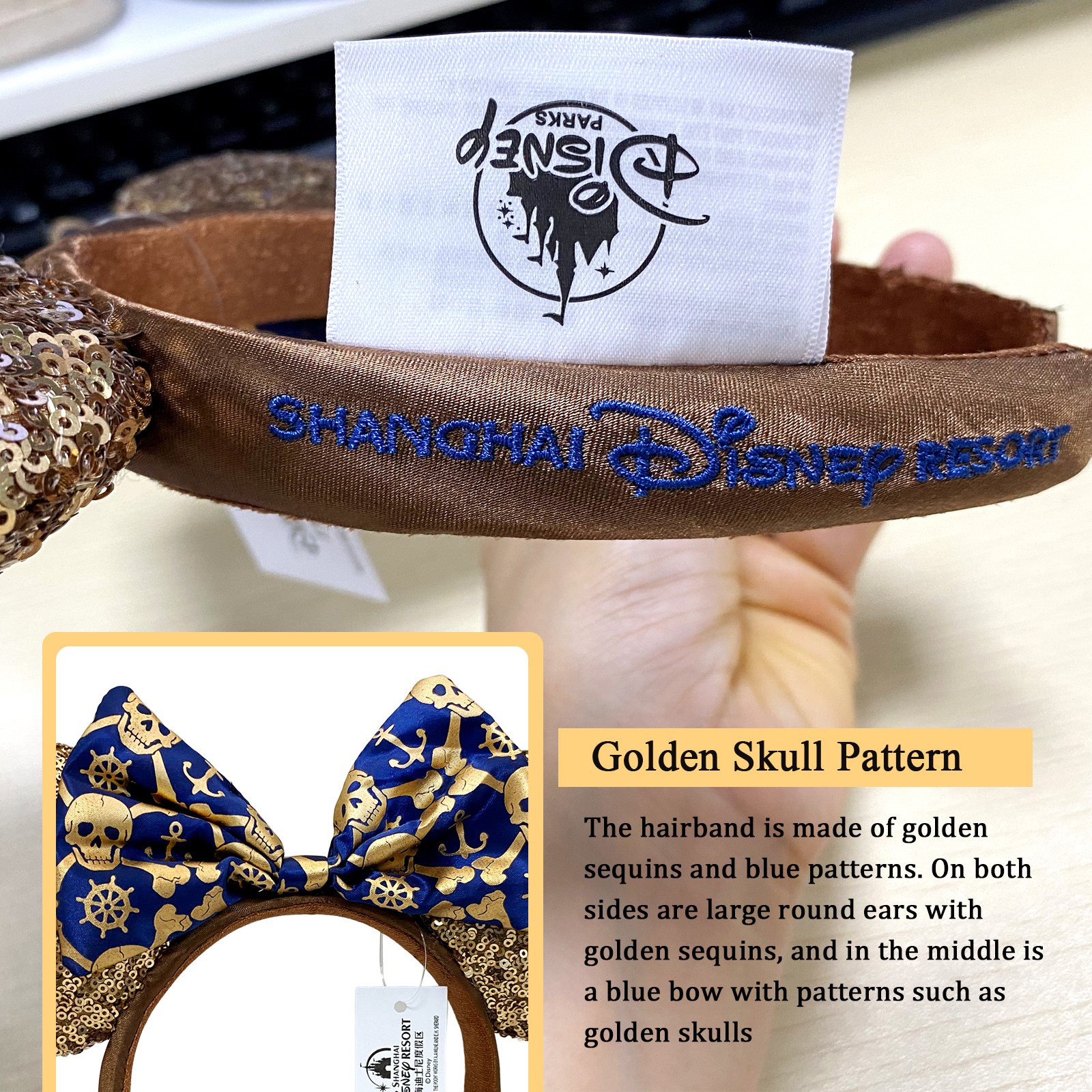 💖 Disney Parks Pirates of the Caribbean Minnie Ears Headband Gold Sequin 2025