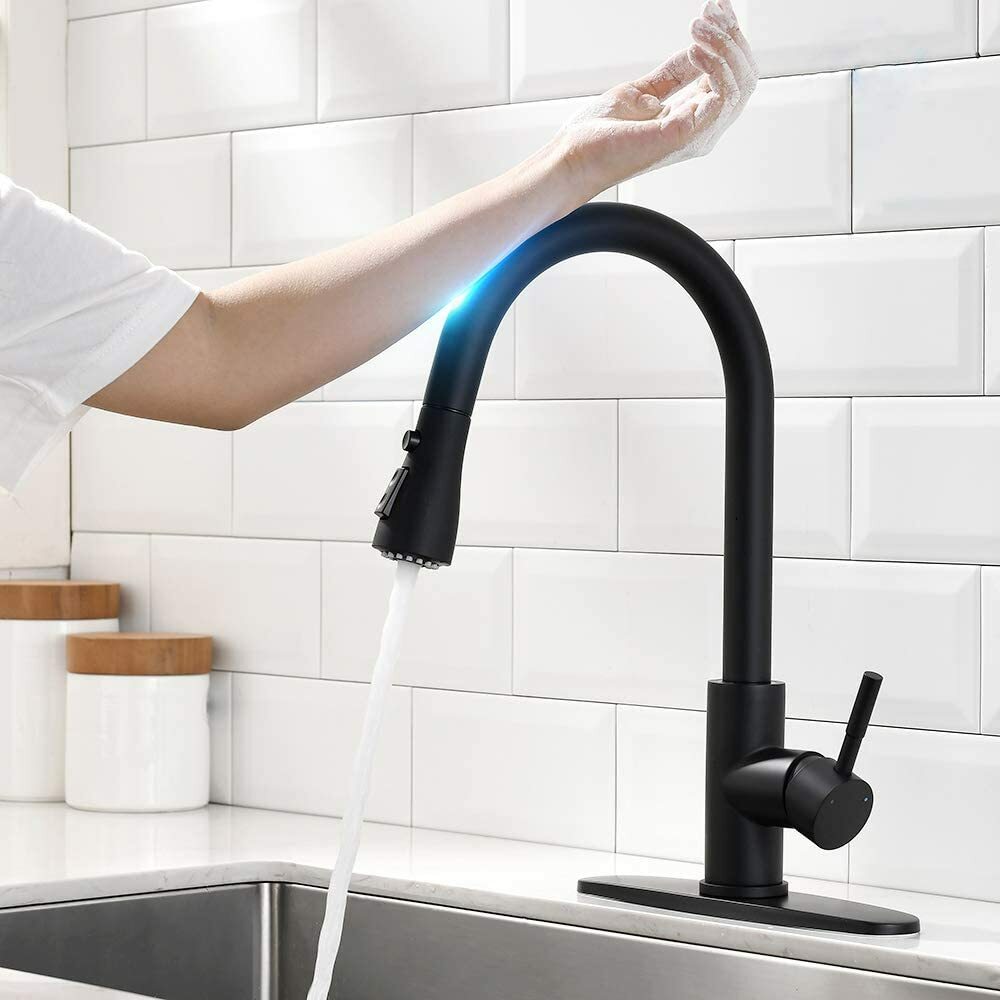 Matte Black Sensor Touch Kitchen Sink Faucet Pull Down Sprayer Swivel with Cover