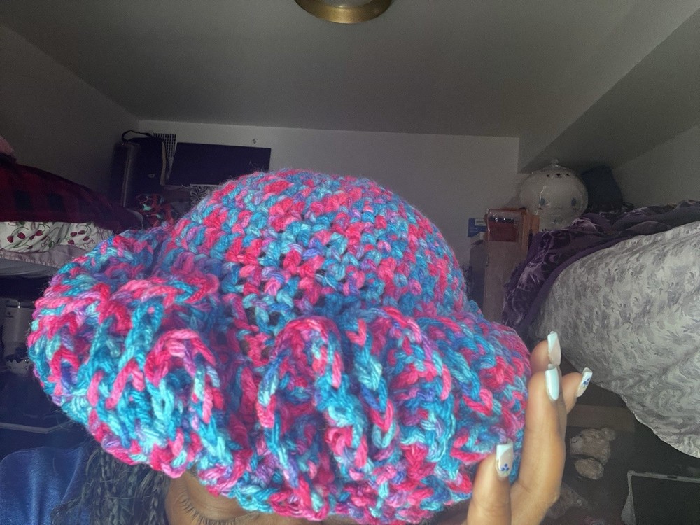 Handmade Chunky Knit Pink and Blue Ruffle Hat