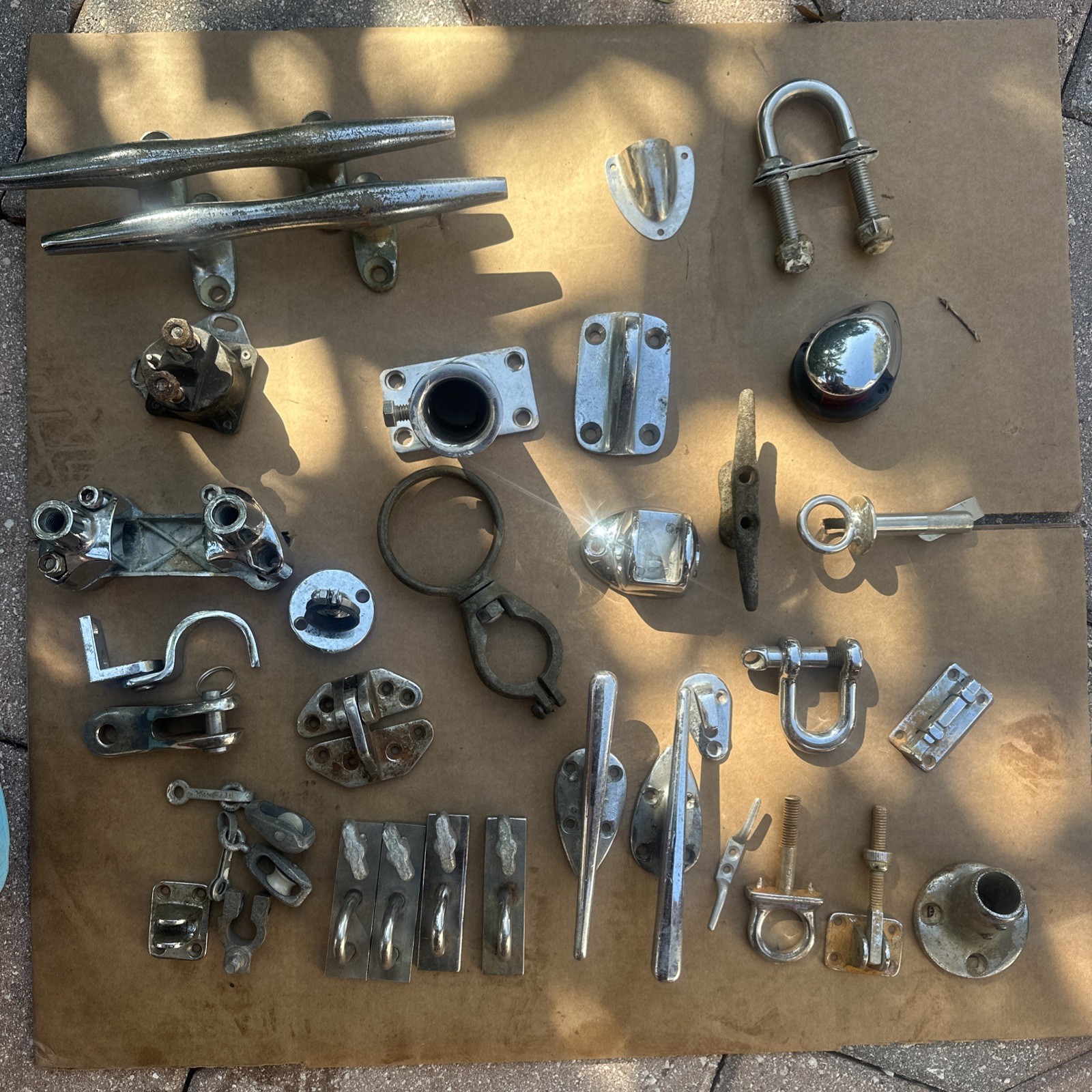 Lot of 32 Pc. Vintage Chrome Boat Cleats, Mounts, Marine Sailing Boating Rigging