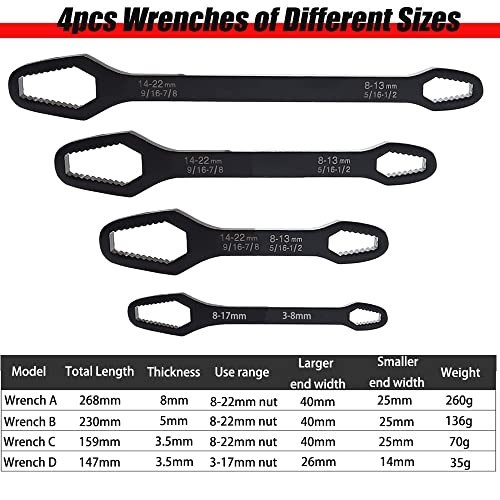 4-Piece Universal Adjustable Wrench Set, Double-Head Torx Spanner Tools 3mm-22mm