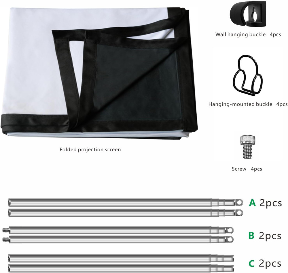 120" Portable Projector Screen with Pole Frame, Silver Foldable Black Backing