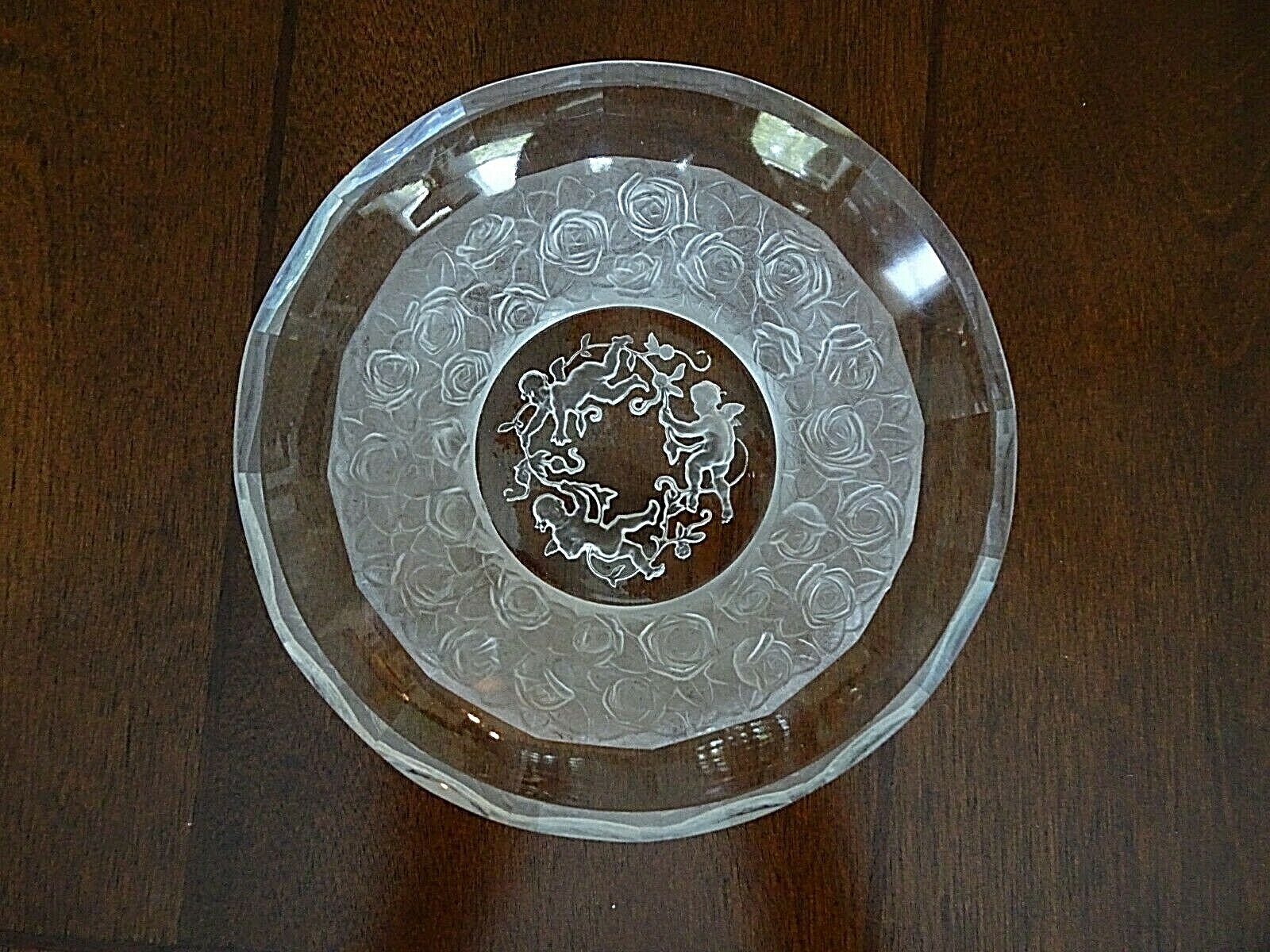 1930's Hoffman Bohemian Art Glass Crystal Frosted CHERUB & Roses Trinket Dish