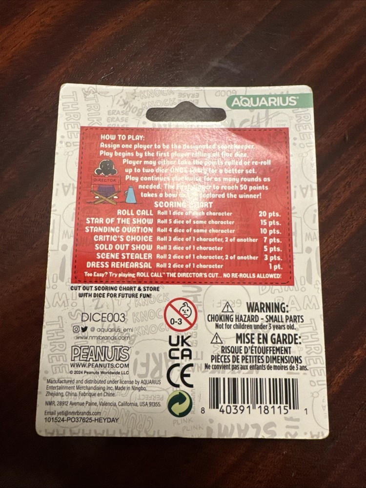 Aquarius Roll Call Dice Peanuts