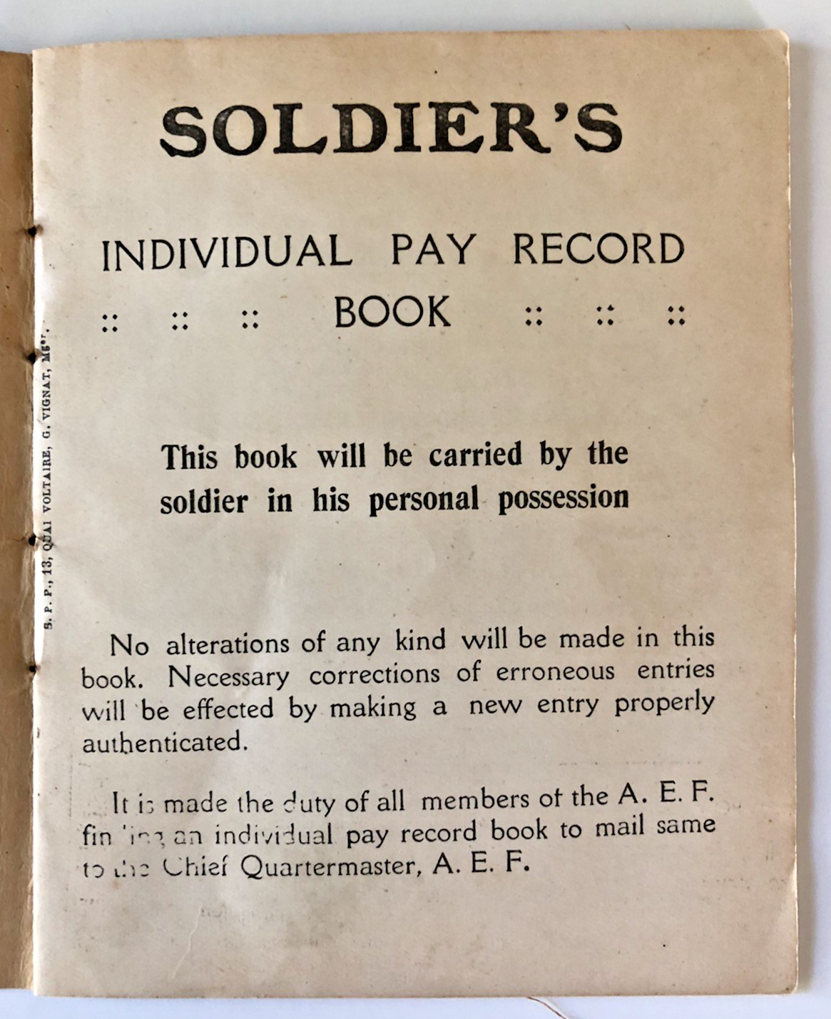 WWI American Expeditionary Forces 1918 Soldier’s Individual Pay Record Book