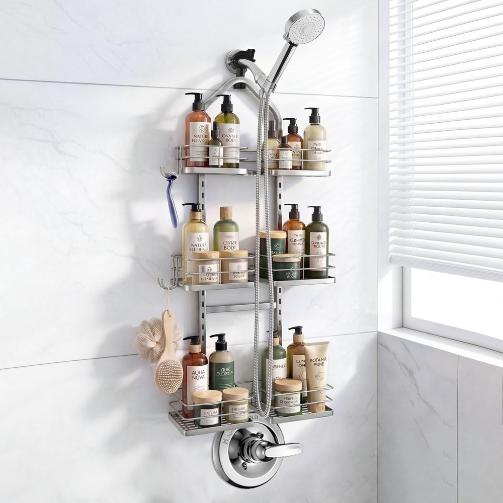 Adjustable Hanging Shower Caddy for Handheld Showerhead, 3-Tier Rustproof Sho...