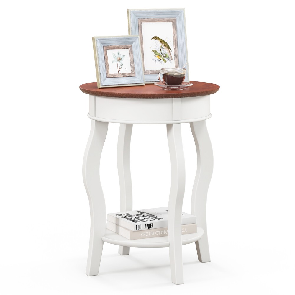 2-Tier Round End Table 17.5" Sofa Side Table with Storage Shelf White & Walnut