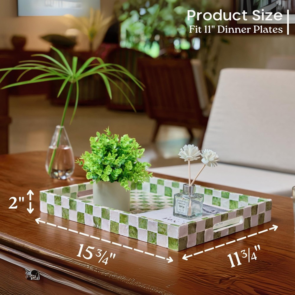 15.8" x 11.8" Decorative Rectangular Tray with Natural Capiz Shells, Checkere...