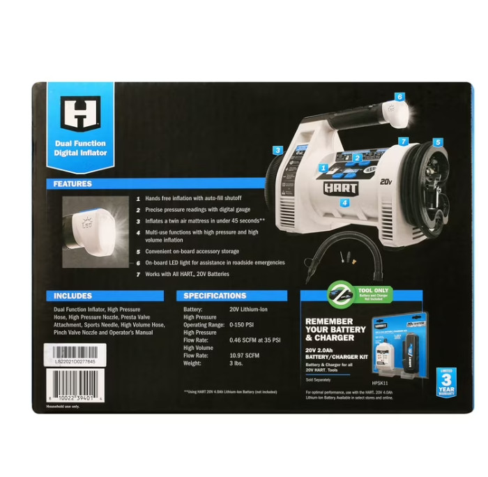 Hart HPIF50 20-Volt Cordless Dual Function Digital Inflator, Battery Not Include