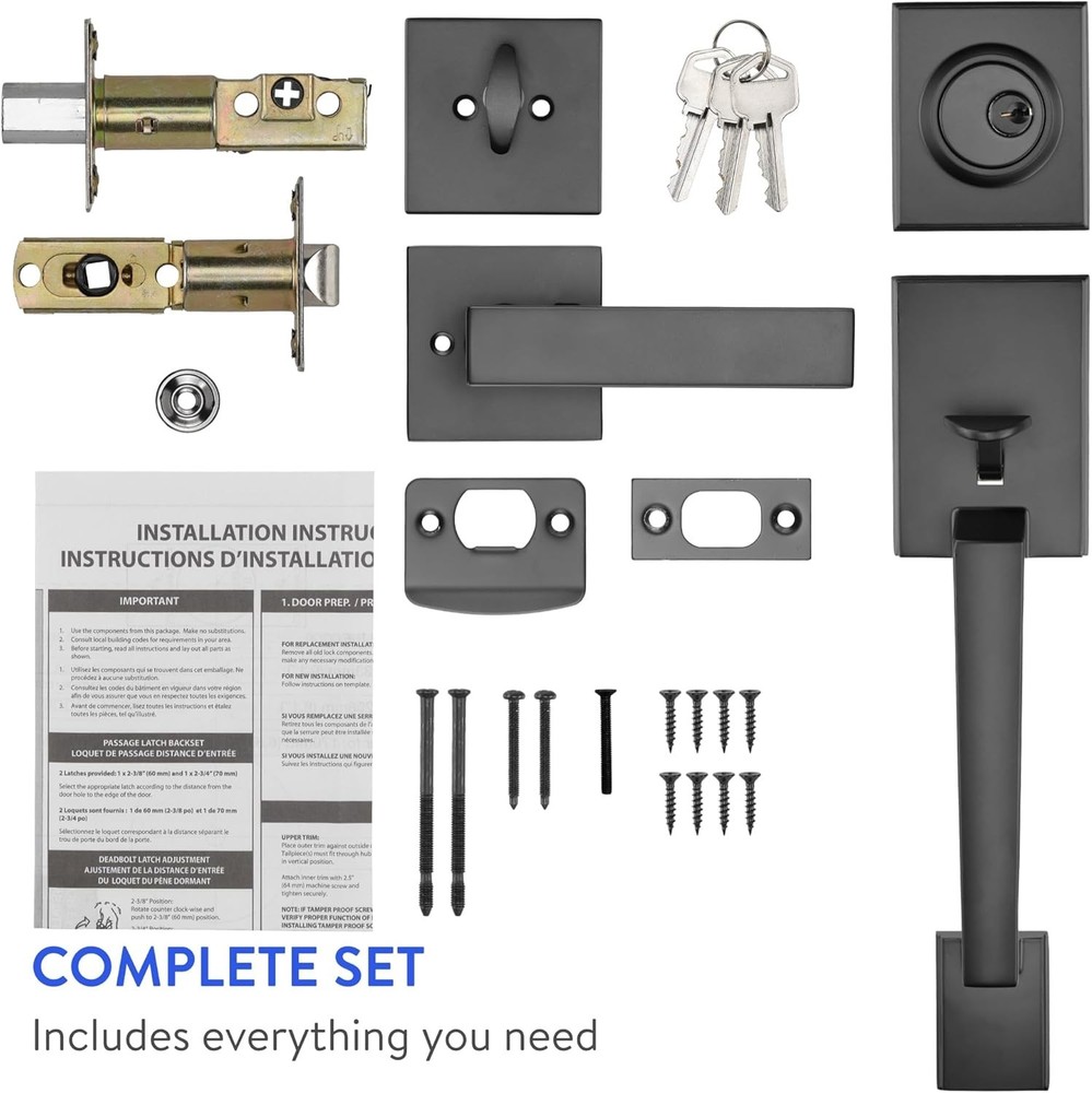 - Front Door Lock and Handle with Deadbolt - Set Includes Installation Template,