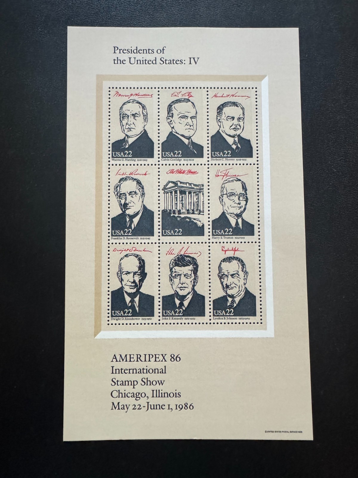 Scott #2216-19 Ameripex Presidents 4 sheets of 22¢ Stamps (1986)