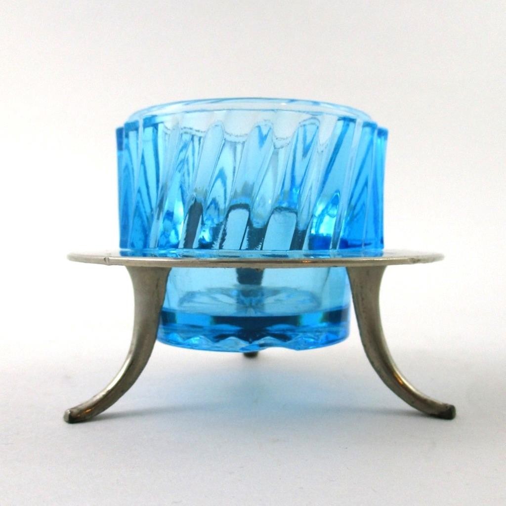 Sapphire BLUE Ribbed Swirl pressed glass OPEN SALT, Footed Metal STAND - GERMANY