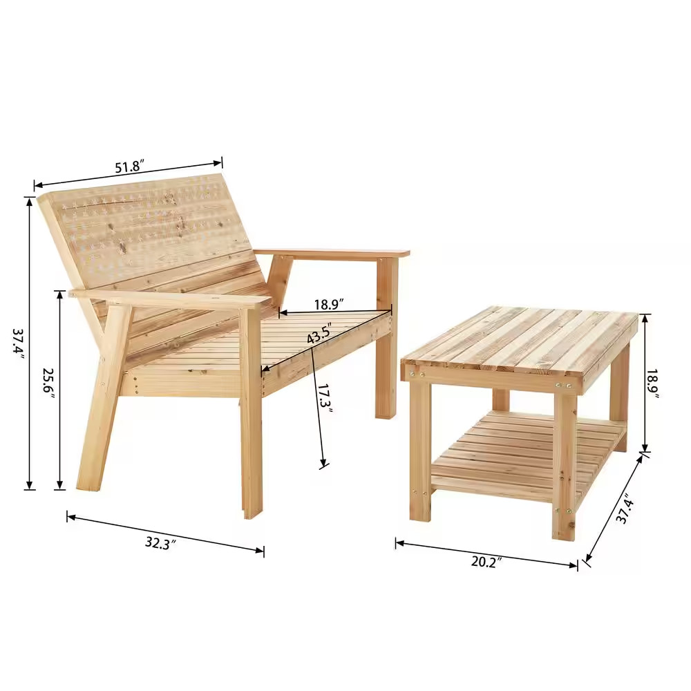 2-Piece Wood Patio Conversation Set with Engraved Bench and Coffee Table