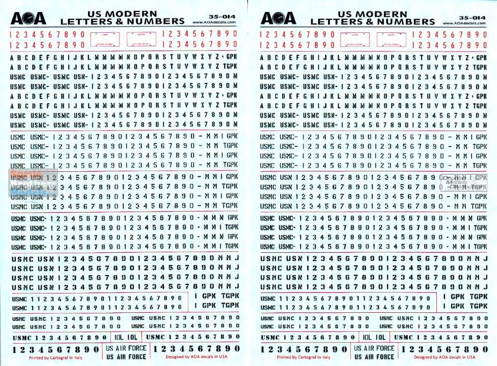 AOA35014 1:35 AOA Decals - US Modern Vehicle Letters & Numbers