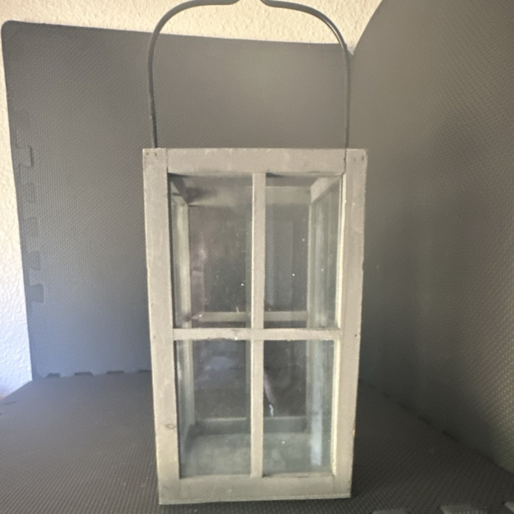 Rustic Gray Hanging Wooden & Glass Lantern, Medium Rectangle, Matte Finish