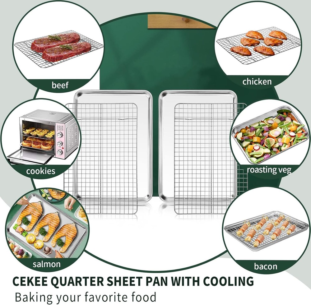 Quarter Sheet Pan with Cooling Rack Set [2 Baking Sheets 12*10*1Inch, Silver